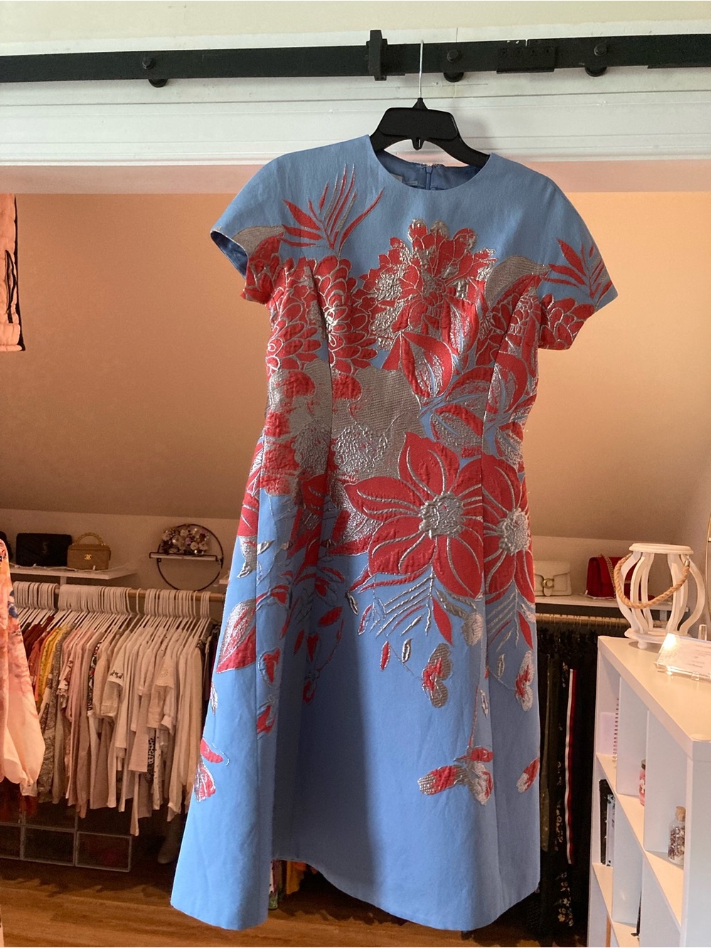 Rickie Freeman for Teri Jon Light Blue Dress with Coral Floral Embroidery Size 4 - Picture 5 of 9